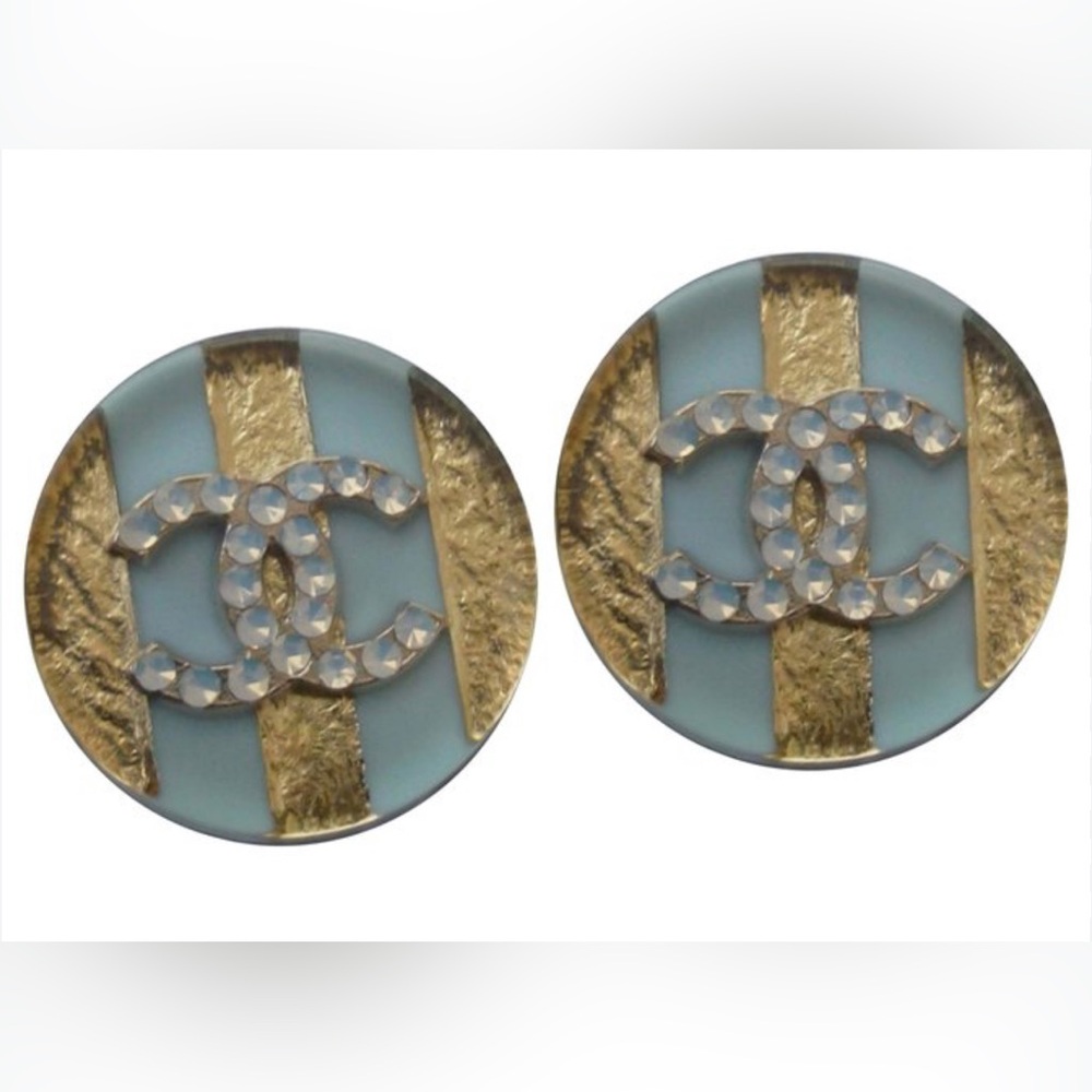 Brand New Never Worn Rare Chanel Stud Earrings Blue w/ Gold Strips Crystals